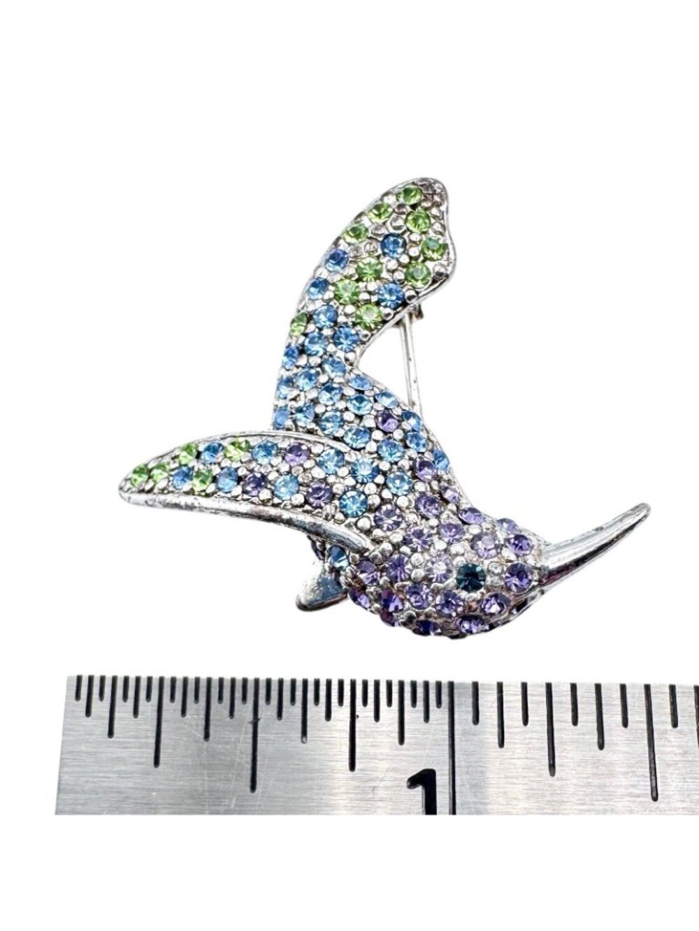 Monet Hummingbird Brooch Pin Silver Tone Pave Purple Blue Green Rhinestones 1" - Picture 14 of 16